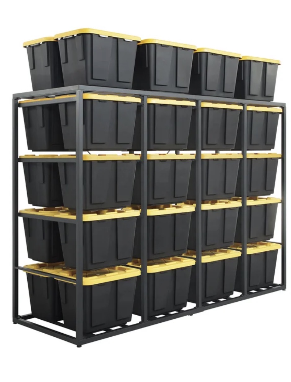 Black and yellow moving bins on storage shelving